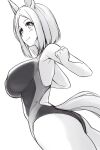  1girl animal_ears back_cutout breasts clothing_cutout competition_swimsuit cowboy_shot from_side greyscale horse_ears horse_girl horse_tail large_breasts monochrome multicolored_clothes multicolored_swimsuit narita_top_road_(umamusume) one-piece_swimsuit pataneet short_hair simple_background smile solo swimsuit tail umamusume white_background 