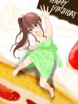  1girl 22/7 arm_up birthday birthday_cake brown_eyes brown_hair bxtbsy7q76gxh73 cake commentary_request dress food from_above green_dress hair_ornament happy_birthday highres looking_at_viewer open_mouth toda_jun 