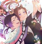  2girls :d black_hair black_jacket blue_flower butterfly_hair_ornament closed_eyes closed_mouth demon_slayer_uniform floating_hair flower gradient_hair hair_ornament haori highres jacket japanese_clothes kimetsu_no_yaiba kochou_kanae kochou_shinobu kuze_0131 long_hair long_sleeves multicolored_hair multiple_girls purple_eyes purple_flower purple_hair short_hair siblings sisters smile upper_body 