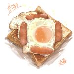  absurdres artist_name bread bread_slice egg_(food) food food_focus fried_egg ham highres meat no_humans original simple_background takisou_sou toast white_background 