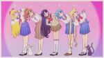  5girls :d :o :| aino_minako artemis_(sailor_moon) bishoujo_senshi_sailor_moon black_hair blonde_hair blue_eyes blue_hair blue_sailor_collar bow brown_hair brown_sailor_collar cat closed_mouth double_bun earrings flower_earrings green_eyes hair_bow hair_bun highres hino_rei jewelry juuban_middle_school_uniform kino_makoto kino_makoto&#039;s_school_uniform long_hair luna_(sailor_moon) midriff_peek mizuno_ami multiple_girls pink_background ponytail red_bow sailor_collar school_uniform serafuku shiba_koen_middle_school_uniform short_hair sidney_deng smile ta_girls_school_uniform tsukino_usagi twintails 