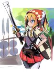  1girl armor belt blonde_hair blue_eyes bonnet braid braided_sidelock breastplate closed_mouth cowboy_shot executioner&#039;s_sword from_side hand_on_own_hip hashtag-only_commentary hirotaka_(hrtk990203) holding holding_sword holding_weapon multiple_belts pantyhose plaid plaid_skirt puffy_short_sleeves puffy_sleeves red_skirt sekaiju_no_meikyuu sekaiju_no_meikyuu_4 shield short_sleeves skirt solo sword swordsman_(sekaiju_4) swordsman_4_(sekaiju_4) tree weapon white_pantyhose 