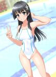  1girl absurdres black_hair commentary_request competition_swimsuit covered_navel feet_out_of_frame flower green_eyes grin groin hair_flower hair_ornament highleg highleg_swimsuit highres long_hair one-piece_swimsuit partial_commentary pool saten_ruiko smile solo standing swimsuit takafumi toaru_kagaku_no_railgun toaru_majutsu_no_index v variant_set white_one-piece_swimsuit 