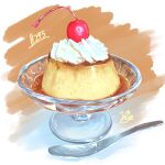  absurdres artist_name cherry food food_focus fruit highres no_humans original pudding spoon takisou_sou whipped_cream 