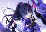  1girl absurdres adjusting_clothes adjusting_gloves armor black_gloves black_shirt breasts commentary crosshair_pupils eyeliner fingerless_gloves gloves high_ponytail highres honkai_(series) honkai_impact_3rd jacket large_breasts long_hair looking_ahead makeup multicolored_hair official_alternate_costume purple_eyes purple_hair purple_jacket purple_scarf raiden_mei raiden_mei_(haunted_dusk) raiden_mei_(herrscher_of_thunder) red_eyeliner red_pupils scarf shirt shoulder_armor sidelocks single_bare_shoulder solo sparks_summer streaked_hair twitter_username upper_body 