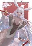  1girl :d animal_ears breasts chinese_zodiac choker cleavage covered_navel crown dark-skinned_female dark_skin english_commentary fishnet_pantyhose fishnets fur_trim granblue_fantasy highres holding holding_sword holding_weapon large_breasts leotard long_hair looking_at_viewer makura_(granblue_fantasy) nonh_(wormoftank) open_mouth orange_eyes pantyhose rabbit rabbit_ears red_background smile sword weapon white_hair year_of_the_rabbit 