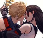  1boy 1girl armor bare_shoulders black_gloves black_hair black_sports_bra blonde_hair blue_sweater blush close-up closed_eyes closed_mouth cloud_strife couple crop_top earrings english_commentary facing_another final_fantasy final_fantasy_vii final_fantasy_vii_rebirth final_fantasy_vii_remake fingerless_gloves flower from_side gloves hand_on_another&#039;s_chin highres holding holding_another&#039;s_arm holding_flower imminent_kiss jewelry long_hair nosleeparewe parted_lips profile short_hair shoulder_armor single_arm_guard single_bare_shoulder single_earring sleeveless sleeveless_turtleneck spiked_hair sports_bra suspenders sweater tank_top tifa_lockhart turtleneck turtleneck_sweater upper_body white_background white_tank_top yellow_flower 