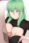  1boy 1girl absurdres breasts breasts_squeezed_together byleth_(female)_(fire_emblem) byleth_(fire_emblem) cleavage_cutout clothing_cutout cum devilukez ejaculation expressionless fire_emblem fire_emblem:_three_houses highres large_breasts paizuri perpendicular_paizuri sweater 
