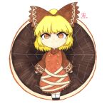  1girl absurdres blonde_hair bow brown_dress brown_eyes chibi closed_mouth commentary commission dated dress english_commentary full_body hair_bow highres kurodani_yamame long_sleeves looking_at_viewer short_hair signature silk solo spider_web thatkirisame touhou 