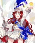  1girl apple arknights arm_up bangs belt cropped_jacket flag food fruit golden_apple green_eyes hat highres holding holding_flag jacket long_hair looking_at_viewer miniskirt myrtle_(arknights) myrtle_(light_gold_celebration)_(arknights) navel open_mouth parted_bangs pointy_ears red_hair sash shako_cap shoulder_sash skirt smile solo thighhighs very_long_hair whistle white_headwear white_jacket white_skirt yakota_(usuk-yako) 