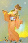  1girl branch brown_eyes brown_hair chinese_commentary double_bun food-themed_hair_ornament full_body hair_bun hair_ornament highres holding_orange long_hair long_sleeves looking_afar open_mouth orange_hair_ornament orange_robe original robe sash solo standing teeth twintails weibo_watermark white_sash zhu_yiguo_tian 