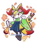  1girl animal_ear_fluff animal_ears animal_feet animal_hands animal_nose artist_name bag black_fur blue_hakama blush blush_stickers body_fur braixen clenched_hand commentary_request detached_sleeves english_text fang flat_chest floral_print flower fox_ears fox_girl fox_tail full_body furry furry_female green_kimono green_sleeves hair_flower hair_ornament hakama hakama_skirt hands_up highres holding holding_bag japanese_clothes kazuairou kimono long_sleeves looking_at_viewer open_mouth orange_flower pelvic_curtain petals pink_flower pokemon pokemon_(creature) pouch red_eyes sideways_mouth simple_background skirt sleeveless sleeveless_kimono snout solo standing stick tail transparent_background twitter_username watermark white_fur wide_sleeves yellow_fur 