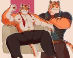  0rnix bara belt black_pants collared_shirt couch cropped_legs fang fang_out furry furry_male green_sweater_vest highres looking_at_viewer muscular muscular_male navel nipples on_couch orange_eyes original pants pectorals shirt sitting sweater_vest tiger_boy two-tone_background whiskers 