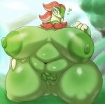 absurd_res albasora_(artist) anthro areola big_breasts blue_eyes breasts broncherry butt butt_from_the_front cliffs dinosaur female grass green_areola green_body green_nipples hi_res huge_breasts hyper hyper_breasts navel nipples obese obese_anthro obese_female overweight overweight_anthro overweight_female pal_(species) palworld petals plant pocketpair pubes reptile scalie solo thick_thighs tree water waterfall wide_hips