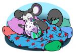 bedding blanket egg emolga emolgack eyes_closed female feral generation_5_pokemon lying nintendo on_side pillow pokemon pokemon_(species) purple_egg scarf sleeping spotted_egg tiki_san