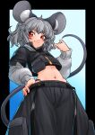  1girl :3 adapted_costume ahoge animal_ears black_border black_skirt border closed_mouth commentary commission english_commentary grey_hair highres long_sleeves looking_at_viewer mouse_ears mouse_girl mouse_tail navel nazrin red_eyes short_hair skirt solo superfann3 tail touhou 