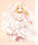 1girl absurdres bangs blonde_hair blush closed_mouth crown detached_sleeves dress floating_hair flower full_body hair_flower hair_ornament high_heels highres jewelry layered_dress long_hair looking_at_viewer love_live! love_live!_sunshine!! mini_crown necklace nky4321 ohara_mari pumps short_sleeves sleeveless sleeveless_dress smile solo veil white_dress white_flower white_footwear white_sleeves yellow_eyes 