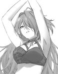  1girl acheron_(honkai:_star_rail) armpits arms_up bare_shoulders breasts cleavage commentary crop_top greyscale hair_intakes hair_over_one_eye halterneck honkai:_star_rail honkai_(series) long_hair looking_at_viewer midriff monochrome parted_lips saruno_(eyesonly712) solo upper_body very_long_hair 
