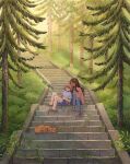  2girls blue_shirt blue_shorts brown_footwear brown_hair closed_eyes dark-skinned_female dark_skin denim flip-flops forest grass hand_on_own_stomach hands_on_ground heikala highres jeans kissing_hair light_rays long_hair long_sleeves moss multiple_girls nature on_stairs orange_cat original outdoors painting_(medium) pants pine_tree pink_hair pink_shirt red_footwear sandals shirt shoes short_hair short_sleeves shorts sitting sitting_on_stairs sleeping sleeping_animal sleeping_on_person sneakers stairs tabby_cat traditional_media tree watercolor_(medium) 