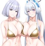 2girls arms_behind_back asymmetrical_docking bikini blue_archive breast_press breasts cleavage collarbone cyka girls&#039;_frontline gold_bikini grey_hair grin hair_ornament halo highres large_breasts linea_alba long_hair looking_at_viewer mechanical_halo multiple_girls navel noa_(blue_archive) open_mouth purple_eyes rpk-16_(girls&#039;_frontline) short_hair simple_background smile swimsuit symmetrical_docking trait_connection upper_body very_long_hair white_background white_hair yellow_bikini 