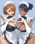 2girls alternate_costume apron back_bow black_bow black_bowtie black_dress blue_hair blush bow bowtie breasts brown_eyes brown_hair cleavage closed_mouth collarbone commentary cowboy_shot dark_blue_hair detached_collar dress earrings elbow_gloves english_commentary frilled_apron frilled_hairband frills gloves hair_behind_ear hair_between_eyes hair_ornament hairband hairclip heart heart_hands heart_hands_duo high_ponytail highres hintobento jewelry large_breasts lips looking_at_viewer maid maid_apron maid_headdress medium_hair multiple_girls nishiwaki_yuuko pearl_earrings persona persona_3 persona_3_reload pink_lips short_dress short_hair simple_background stud_earrings sweatdrop swept_bangs takeba_yukari thighs unconventional_maid white_apron white_bow white_gloves wide_hips 