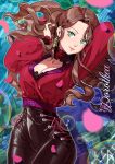  1girl black_pants breasts brown_hair bubble character_name cleavage closed_mouth collarbone cowboy_shot dorothea_arnault earrings fire_emblem fire_emblem:_three_houses floating_hair floof_n_wool green_eyes hair_intakes highres jewelry large_breasts long_hair long_sleeves looking_at_viewer musical_note pants petals red_shirt shiny_hair shirt smile solo standing 