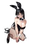  1girl animal_ears aqua_eyes bare_shoulders black_bow black_bowtie black_footwear black_hair black_leotard bow bowtie breasts cleavage closed_mouth dated detached_collar fake_animal_ears fishnet_pantyhose fishnets full_body glasses han-0v0 highres large_breasts leotard long_hair looking_at_viewer original own_hands_together pantyhose playboy_bunny rabbit_ears round_eyewear simple_background solo squatting strapless strapless_leotard tattoo very_long_hair white_background wrist_cuffs 