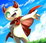 ;d anthro cape clothing cloud female fur grass green_sclera horn hybrid kuroake_sido neko_no_teach-kun one_eye_closed ori_(neko_no_teach-kun) oyasaioni9 plant red_cape red_clothing red_horn sky solo standing unknown_species whiskers yellow_body yellow_fur