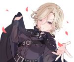  1girl :d black_cape black_choker black_ribbon black_shirt black_skirt blonde_hair breasts cape cape_hold choker commentary_request dutch_angle ear_piercing falling_petals frilled_shirt_collar frills grey_eyes grin hair_over_one_eye hands_up highres looking_at_viewer love_live! love_live!_nijigasaki_high_school_idol_club mia_taylor neck_ribbon notyu_maru open_hand petals piercing ribbon shirt short_hair simple_background skirt small_breasts smile solo upper_body white_background 