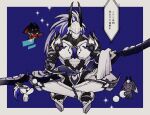  1boy armor blue_background border chibi cleaning cleaning_weapon fate/grand_order fate_(series) floating_screen full_armor full_body grey_hair helmet holding indian_style long_hair mashugure mimikaki minamoto_no_tametomo_(fate) sitting speech_bubble towel translation_request weapon white_border 