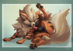  anthro arcanine auto_penis_lick balls blonde_hair bodily_fluids canid canine claws feet fluffy fluffy_tail fur generation_1_pokemon genitals green_eyes hair hi_res licking lying male mammal masturbation nintendo one_leg_up oral oral_masturbation orange_body orange_fur pawpads penile penile_masturbation penis penis_tip pokemon pokemon_(species) raised_leg saliva self_lick simple_background solo striped_body striped_fur stripes tail tenebscuro tongue tongue_out 