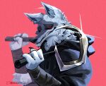  2023 4_fingers anthro arm_wraps black_claws black_cloak black_nose black_sclera canid canine canis claws cloak clothing death_(puss_in_boots) dreamworks finger_claws fingers floating_megane fur grey_body grey_fur grin hi_res holding_object holding_weapon looking_at_viewer male mammal puss_in_boots_(film) puss_in_boots_the_last_wish red_background red_eyes sharp_teeth sickle simple_background smile smiling_at_viewer solo sparkles teeth weapon wolf wraps 
