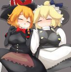 2girls :&lt; apron black_capelet black_gloves black_hat black_skirt black_vest blonde_hair blue_bow blush blush_stickers bow bowtie braid breasts brown_apron capelet closed_eyes closed_mouth commentary_request cookie_(touhou) elbow_gloves feet_out_of_frame gloves grey_background grey_hat hair_between_eyes hair_bow hat hat_bow highres holding_hands kirisame_marisa large_breasts lets0020 medium_bangs meguru_(cookie) multiple_girls open_mouth purple_bow red_bow red_bowtie shirt short_hair simple_background single_braid skirt skirt_set sleeves_past_fingers sleeves_past_wrists touhou turtleneck turtleneck_shirt variant_set vest waist_apron white_shirt witch_hat yuuhi_(cookie) 
