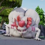  5_tails anthro big_breasts big_butt breasts butt canid canine car ctgiantess epic_games female fortnite fox hi_res huge_butt kimiko_five-tails macro mammal multi_tail nipples nude outside pink_eyes plant solo tail tree vehicle 