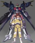  1girl ahoge bangs beam_rifle black_hairband blue_eyes commentary_request energy_gun glowing glowing_eyes green_eyes gun gundam gundam_aerial_rebuild gundam_suisei_no_majo hairband helmet highres holding holding_gun holding_helmet holding_weapon mecha mobile_suit pilot_suit red_hair robot smile standing suletta_mercury syope v-fin weapon 