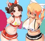  2girls alternate_costume benikurage_(cookie) black_skirt blonde_hair blue_background blush bow breasts brown_eyes brown_hair character_name cheerleader cleavage closed_mouth clothes_writing commentary_request cookie_(touhou) covered_nipples cowboy_shot crop_top facial_mark flat_chest frilled_bow frilled_hair_tubes frills hair_between_eyes hair_bow hair_tubes hakurei_reimu highres kirisame_marisa large_breasts lets0020 long_hair looking_at_viewer mars_(cookie) medium_bangs miniskirt multiple_girls navel open_mouth parted_bangs pom_pom_(cheerleading) pom_pom_(clothes) red_bow red_skirt ringed_eyes scotch_(cookie)_(style) shaded_face shirt short_hair sidelocks skirt sleeveless sleeveless_shirt touhou whisker_markings white_bow white_shirt yellow_eyes 