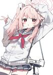  1girl ahoge black_sailor_collar black_skirt black_thighhighs blue_archive blush buttons cardigan cowboy_shot double_w gun halo highres long_hair long_sleeves looking_at_viewer micro_uzi natsu_(blue_archive) neckerchief open_mouth pink_hair pink_halo pleated_skirt red_eyes red_neckerchief sailor_collar side_ponytail simple_background skirt solo submachine_gun thighhighs w wagashi928 weapon white_background white_cardigan 