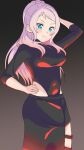  1girl alternate_hairstyle black_bodysuit blue_eyes bodysuit breasts commentary_request covered_navel gradient_background half_updo hand_on_own_hip highres long_hair looking_at_viewer love_live! love_live!_nijigasaki_high_school_idol_club medium_breasts mole mole_under_eye pink_hair poizun_(user_wmgk4287) sidelocks smirk solo standing upper_body v-shaped_eyebrows zhong_lanzhu 