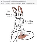  anthro ask_blog bottomwear canid canine canis clothed clothing dialogue digital_media_(artwork) enginetrap english_text female fully_clothed jackal mammal shirt shorts simple_background sitting solo syl_(enginetrap) t-shirt tail tail_motion tailwag text topwear white_background 