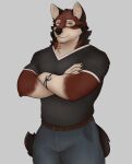  2023 absurd_res anthro canid canine canis clothed clothing digital_media_(artwork) echo_(game) echo_(series) echo_project fur hi_res leo_alvarez luner96_(artist) male mammal muscular muscular_anthro muscular_male red_body red_fur shirt simple_background smile solo tail topwear wolf 