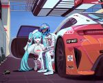  absurdres beret black_gloves black_thighhighs blue_eyes blue_hat blue_helmet braid breasts brown_eyes cable capelet car dress fingerless_gloves gloves goodsmile_racing hat hatsune_miku helmet highres jumpsuit logo long_hair mercedes-benz mercedes-benz_amg_gt motor_vehicle necktie race_vehicle racecar racing_miku racing_miku_(2023) real_life shoes small_breasts sneakers spoiler_(automobile) sponsor squatting subo_illust super_gt taniguchi_nobuteru thighhighs twintails v very_long_hair vocaloid white_capelet white_dress white_footwear white_hat white_jumpsuit white_necktie 