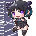  1girl :d absurdres barbed_wire black_collar black_footwear black_hair black_hoodie black_nails blue_hair blush boots character_name chibi collar commentary_request double_v ear_chain full_body grey_background hands_up highres hood hood_down hoodie indie_virtual_youtuber kinokoma_tango knee_boots long_sleeves looking_at_viewer multicolored_hair mushroom_on_head nail_polish outline puffy_long_sleeves puffy_sleeves purple_eyes saishosaisekojo smile solo spiked_collar spikes streaked_hair v virtual_youtuber white_background white_outline 