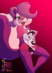  absurd_res anthro aroused aroused_smile blep blue_eyes bottomless bottomless_female breasts clothed clothing female fifi_la_fume hi_res lobofeo looney_tunes mammal mephitid pepe_le_pew pink_body skunk solo tiny_toon_adventures tongue tongue_out warner_brothers 