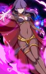  1girl blunt_bangs breasts cape cleavage cosplay fire fire_emblem fire_emblem_awakening highres long_hair looking_at_viewer pokemon pokemon_frlg purple_fire red_eyes sabrina_(pokemon) solo tharja_(fire_emblem) tharja_(fire_emblem)_(cosplay) thigh_strap vivivoovoo 