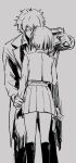  1boy 1girl closed_eyes coat from_behind greyscale gun gun_to_head handgun holding_another&#039;s_wrist implied_kiss kneehighs lycoris_recoil majima_(lycoris_recoil) miniskirt monochrome nishikigi_chisato paku_splosion pleated_skirt school_uniform short_hair simple_background sketch skirt socks standing weapon 