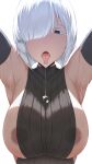  1girl armpits arms_up black_eyes breasts drooling elbow_gloves fiona_frost gloves highres looking_at_viewer micchan_(micchanmeido) nipples saliva short_hair sleeveless solo spy_x_family thick_eyelashes tongue tongue_out white_hair 