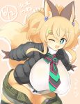  1girl :3 animal_ear_fluff animal_ears black_coat black_necktie blush breasts bright_pupils coat colored_skin commentary_request covered_nipples cowboy_shot dated fang fluffy_hair fox_ears fox_girl fox_tail furry furry_female green_eyes green_shorts hair_between_eyes highres indie_virtual_youtuber kiwi_hair_ornament large_breasts layered_necktie leaning_forward lets0020 long_hair looking_at_viewer medium_bangs necktie one_eye_closed open_mouth panties pink_background puffy_coat short_shorts shorts sidelocks solo tail thick_thighs thighs tsune_kitaki underwear virtual_youtuber white_panties white_pupils yellow_skin 