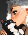  1girl animal biting blue_eyes blush bruce_(sam_yang) cat cheek_biting commentary diamond_earrings earrings english_commentary eyeliner forehead freckles highres holding holding_animal holding_cat jewelry kara_(sam_yang) light_blush makeup nose_blush original ring sam_yang solo swept_bangs tuxedo_cat white_hair 