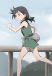  1girl bandages black_hair breasts brown_eyes closed_mouth cloud dororo_(character) dororo_(tezuka) haruyama_kazunori japanese_clothes long_hair ponytail running sideboob small_breasts smile solo 