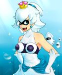  1girl air_bubble blooper_(mario) bloopette blue_eyes bubble dress earrings gloves hands_on_hips highres jewelry lawly6 looking_at_viewer mario_(series) nintendo open_mouth sharp_teeth super_crown teeth underwater white_dress white_gloves white_hair 